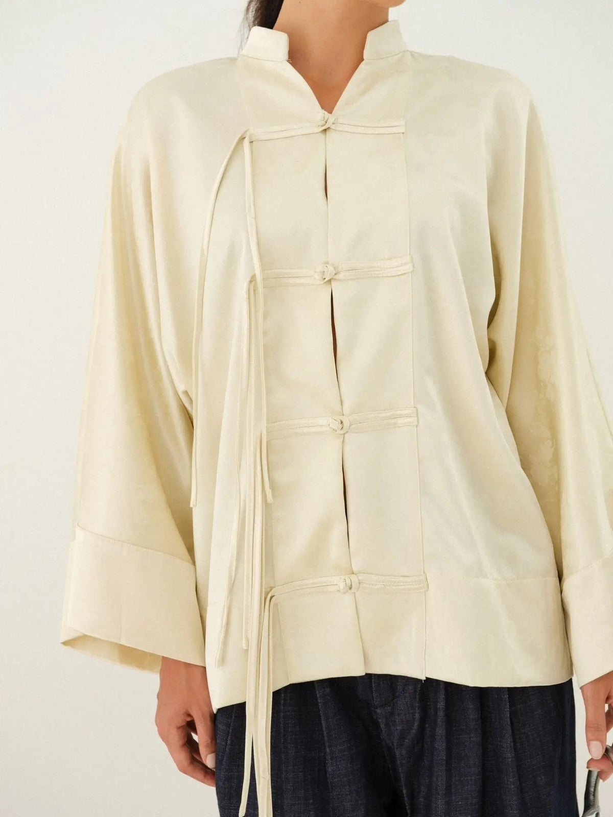 Claire Top | Satin Finish Tunic Top with frog-style button knots and dolman sleeves