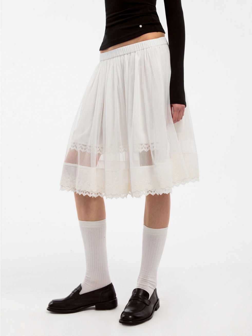 Lace-Up Mesh White Midi Skirt