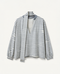 Enzo Shirt | Grey and white stripe v neck long sleeve top with neck tie