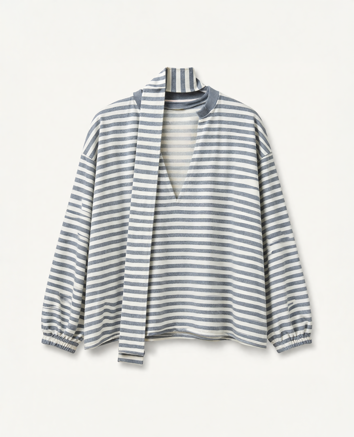 Enzo Shirt | Grey and white stripe v neck long sleeve top with neck tie