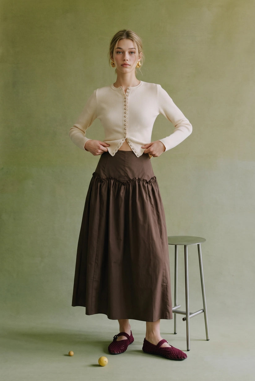 Espresso Brown Arch Seam Ruffle Detail Taffeta Midi Skirt