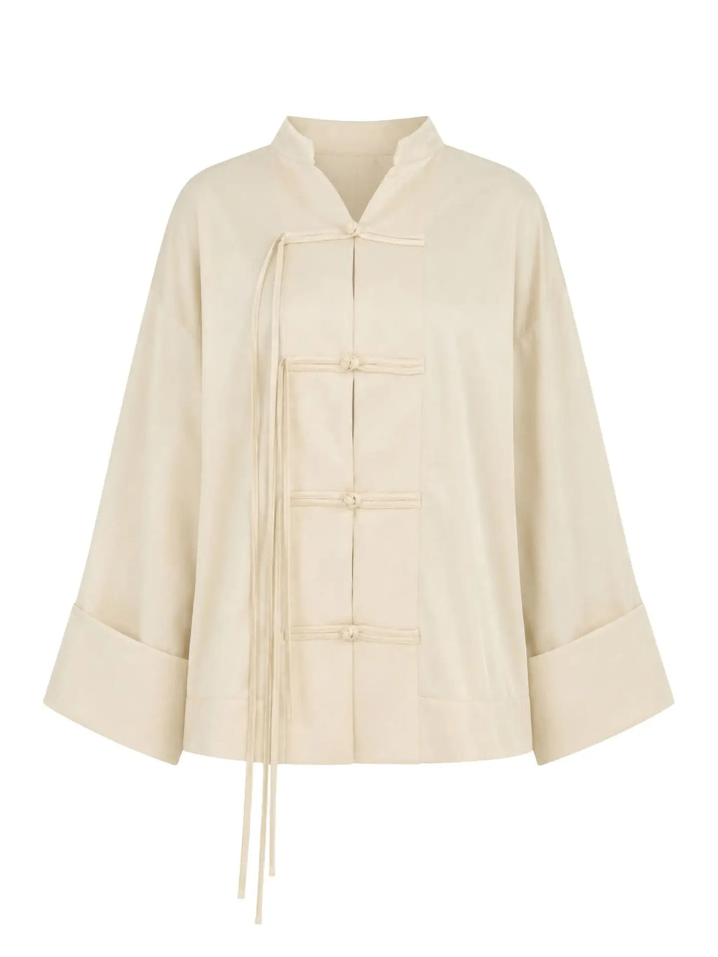 Claire Top | Satin Finish Tunic Top with frog-style button knots and dolman sleeves