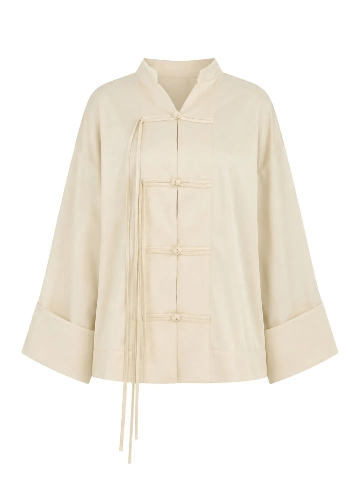 Claire Top | Satin Finish Tunic Top with frog-style button knots and dolman sleeves