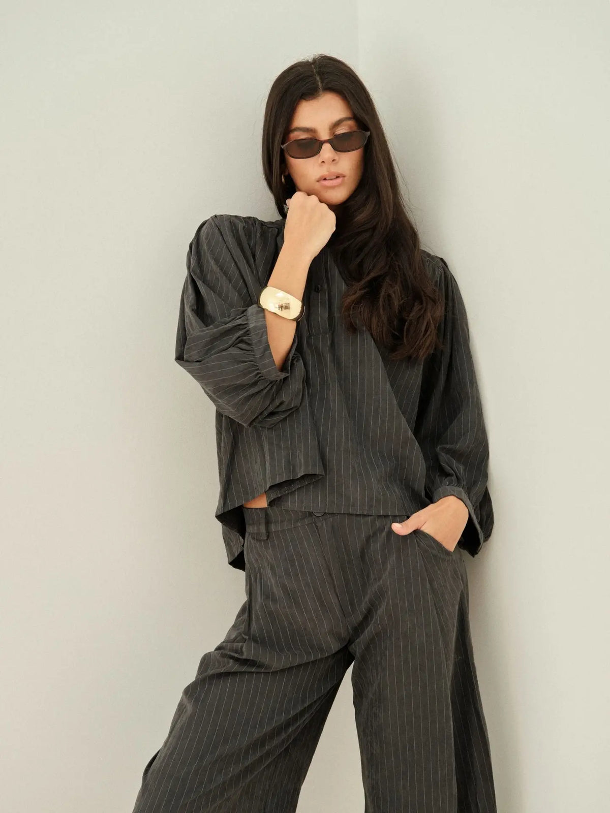 Samuel Dark Grey Stripe Set  | Horseshoe Striped Dark Grey Trousers + Grey Stripe Button down shirt