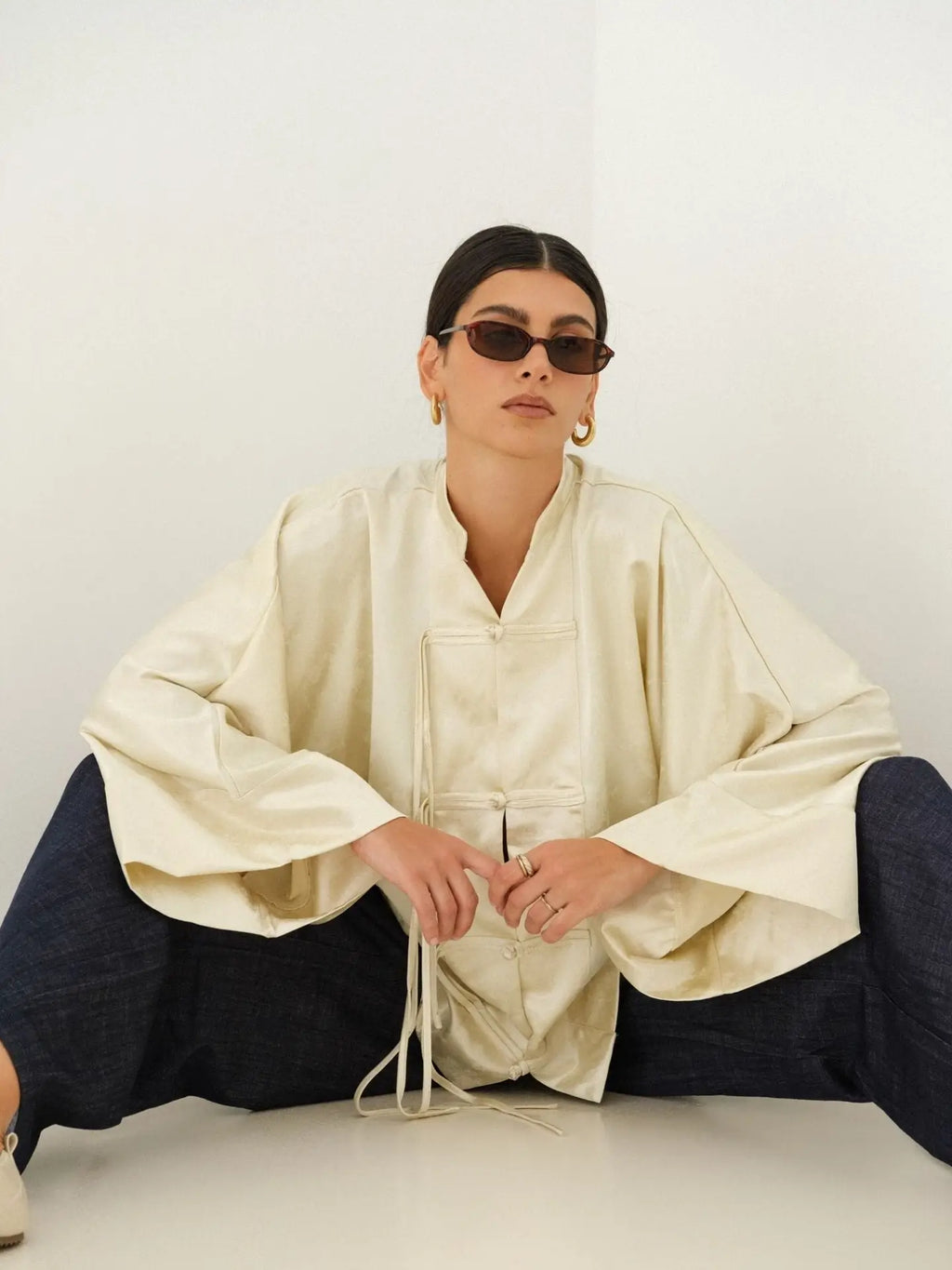 Claire Top | Satin Finish Tunic Top with frog-style button knots and dolman sleeves