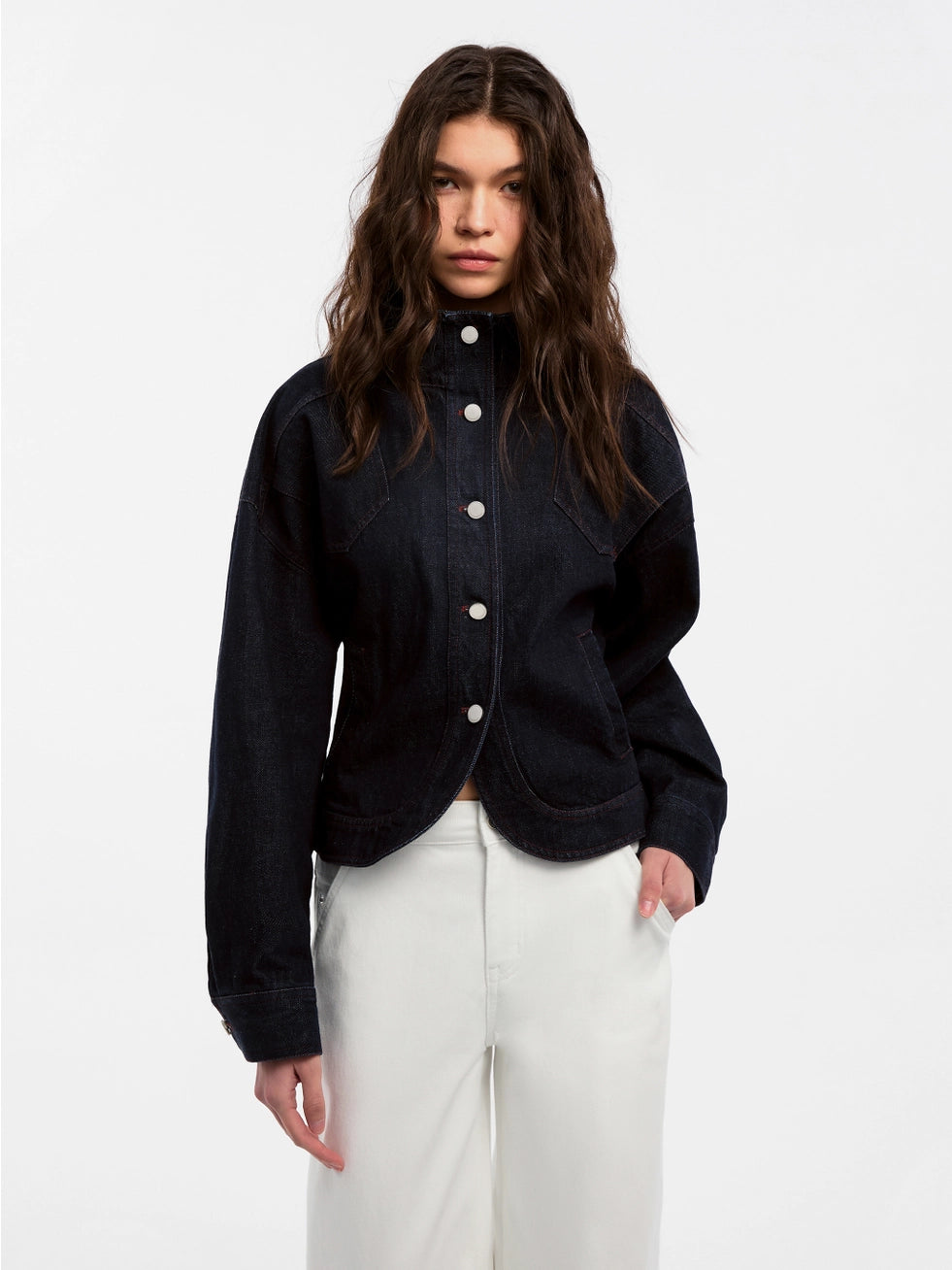 Classic Stand Collar Fitted Denim Jacket