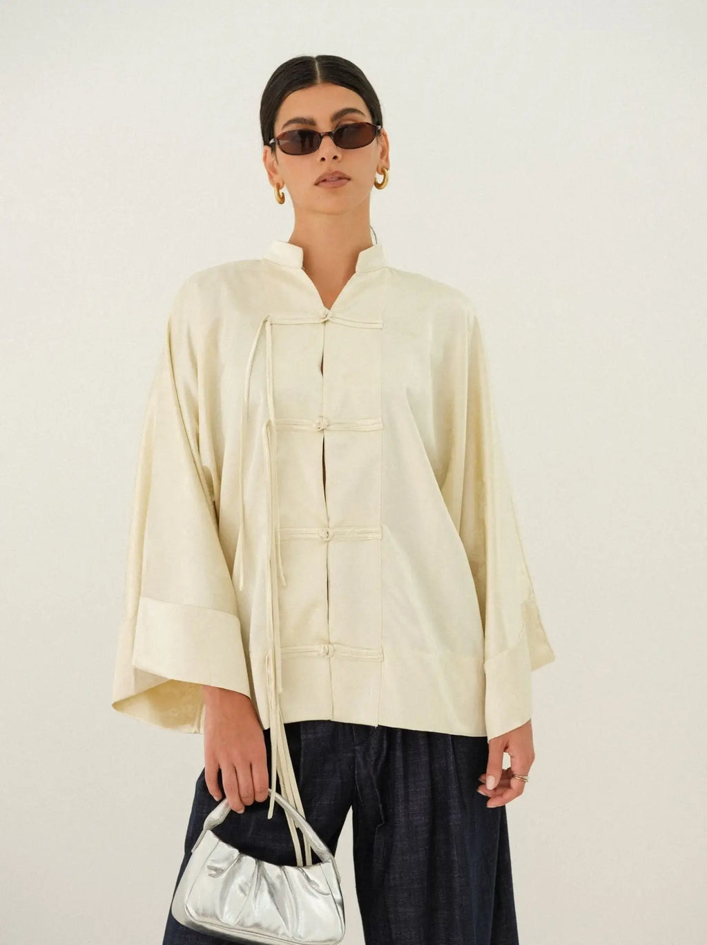 Claire Top | Satin Finish Tunic Top with frog-style button knots and dolman sleeves