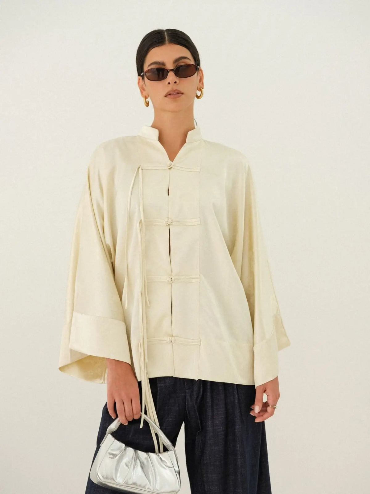 Claire Top | Satin Finish Tunic Top with frog-style button knots and dolman sleeves
