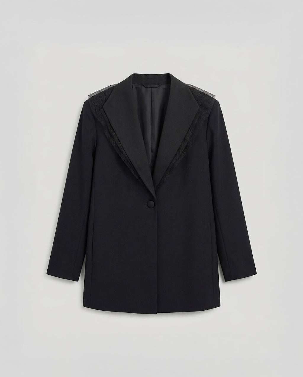 Lightweight Linen Blazer with Sheer Organza Ruffle Collar