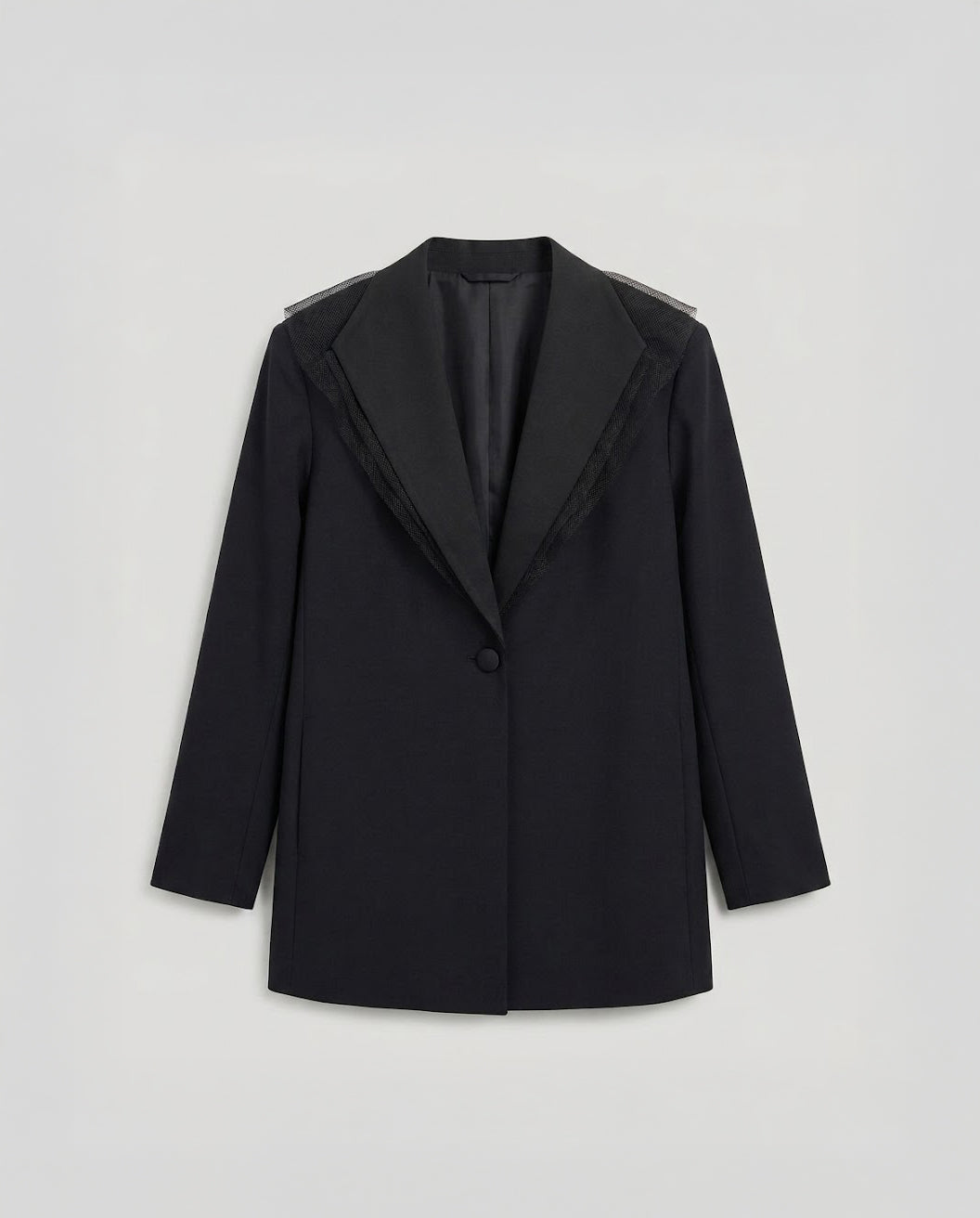 Lightweight Linen Blazer with Sheer Organza Ruffle Collar