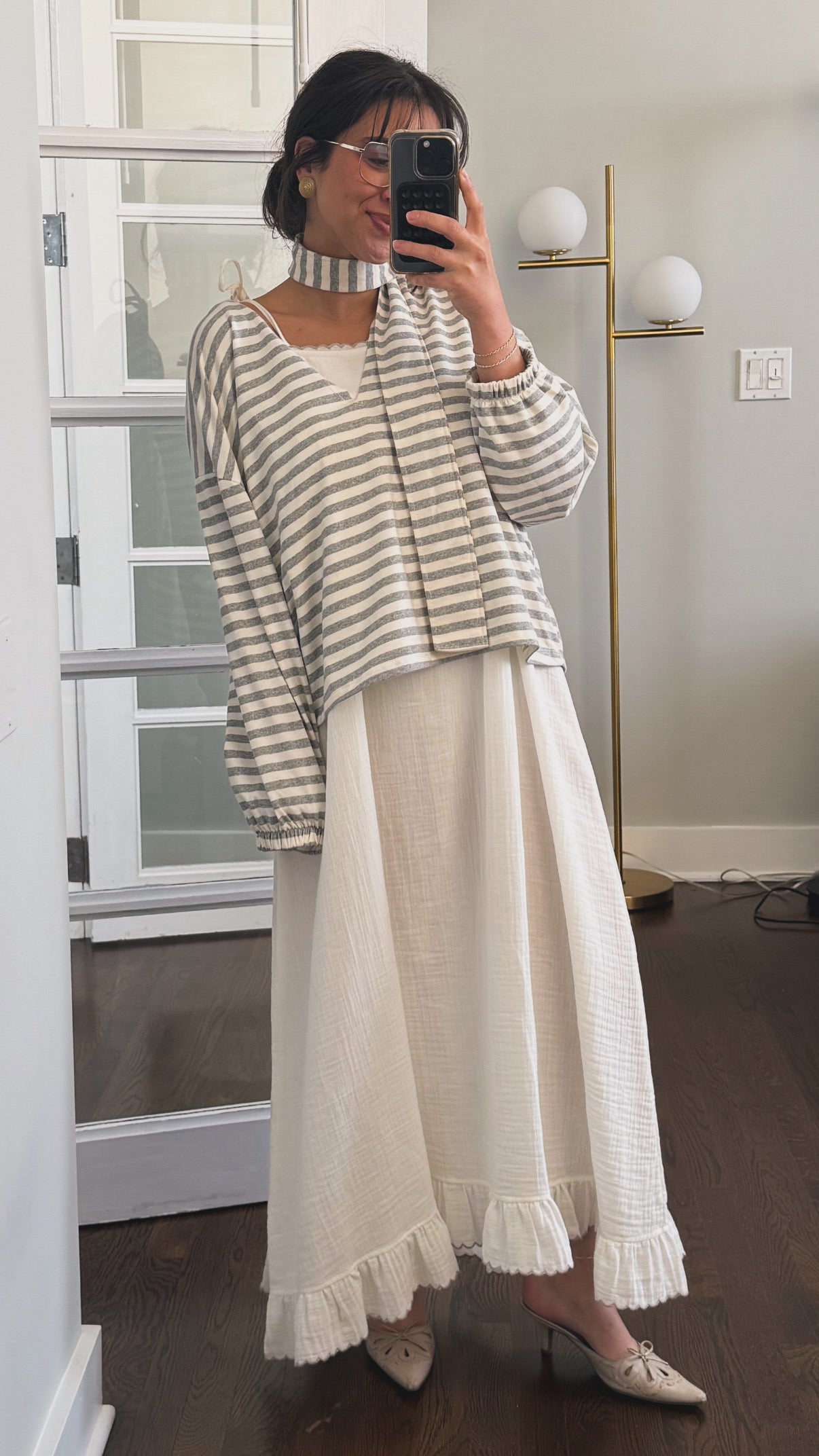 Enzo Shirt | Grey and white stripe v neck long sleeve top with neck tie