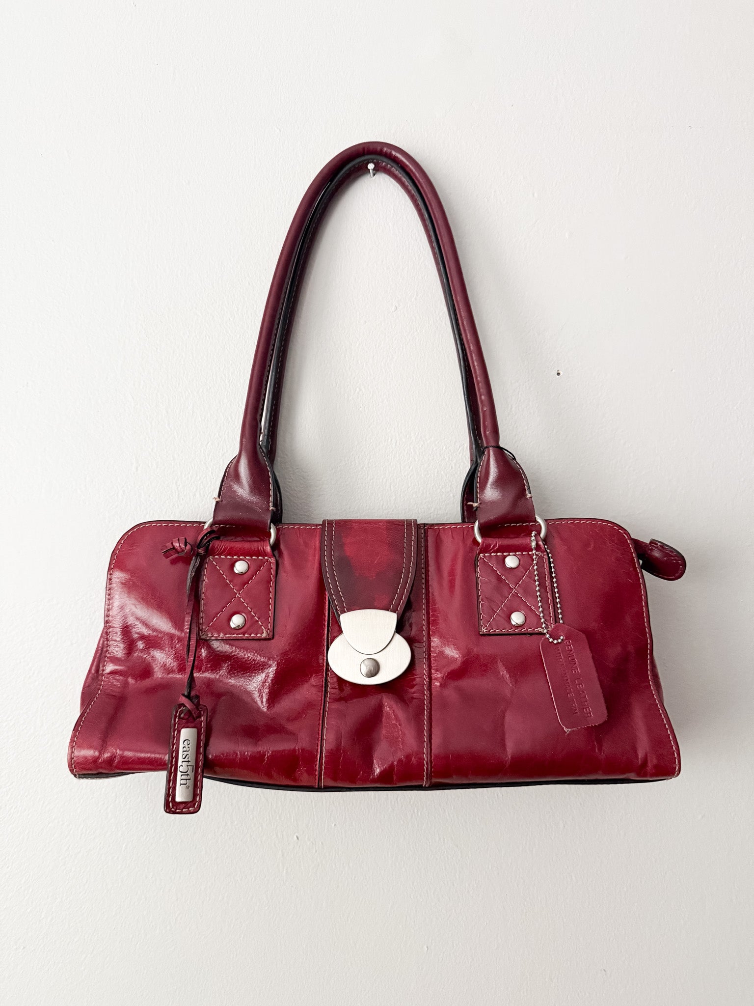 Vintage Red Leather Shoulder bag with Silver Hardware