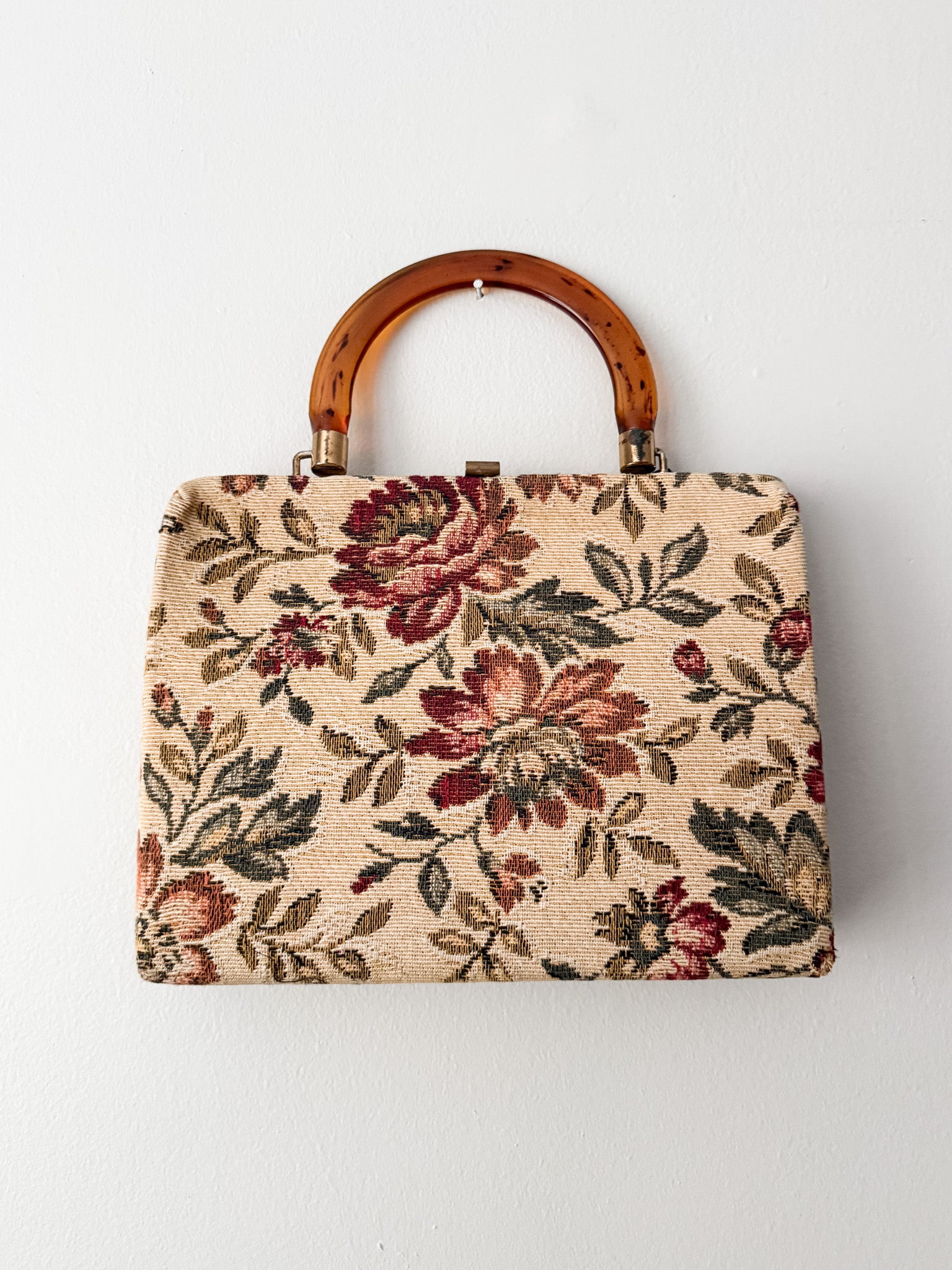Vintage Floral Tapestry Purse with Acrylic Handle