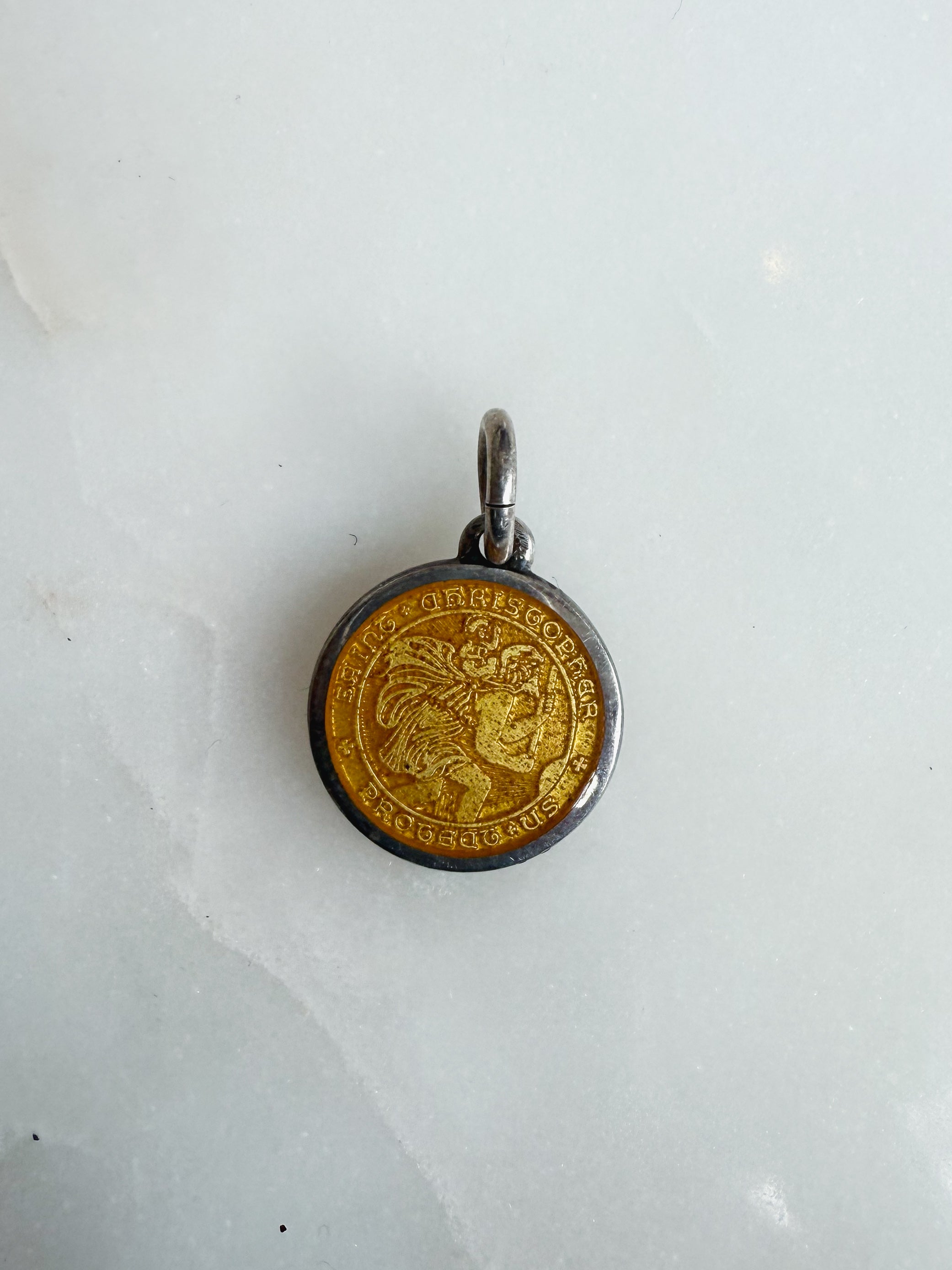 Vintage Sterling Enamel Pendant, Old St. Christopher Medal