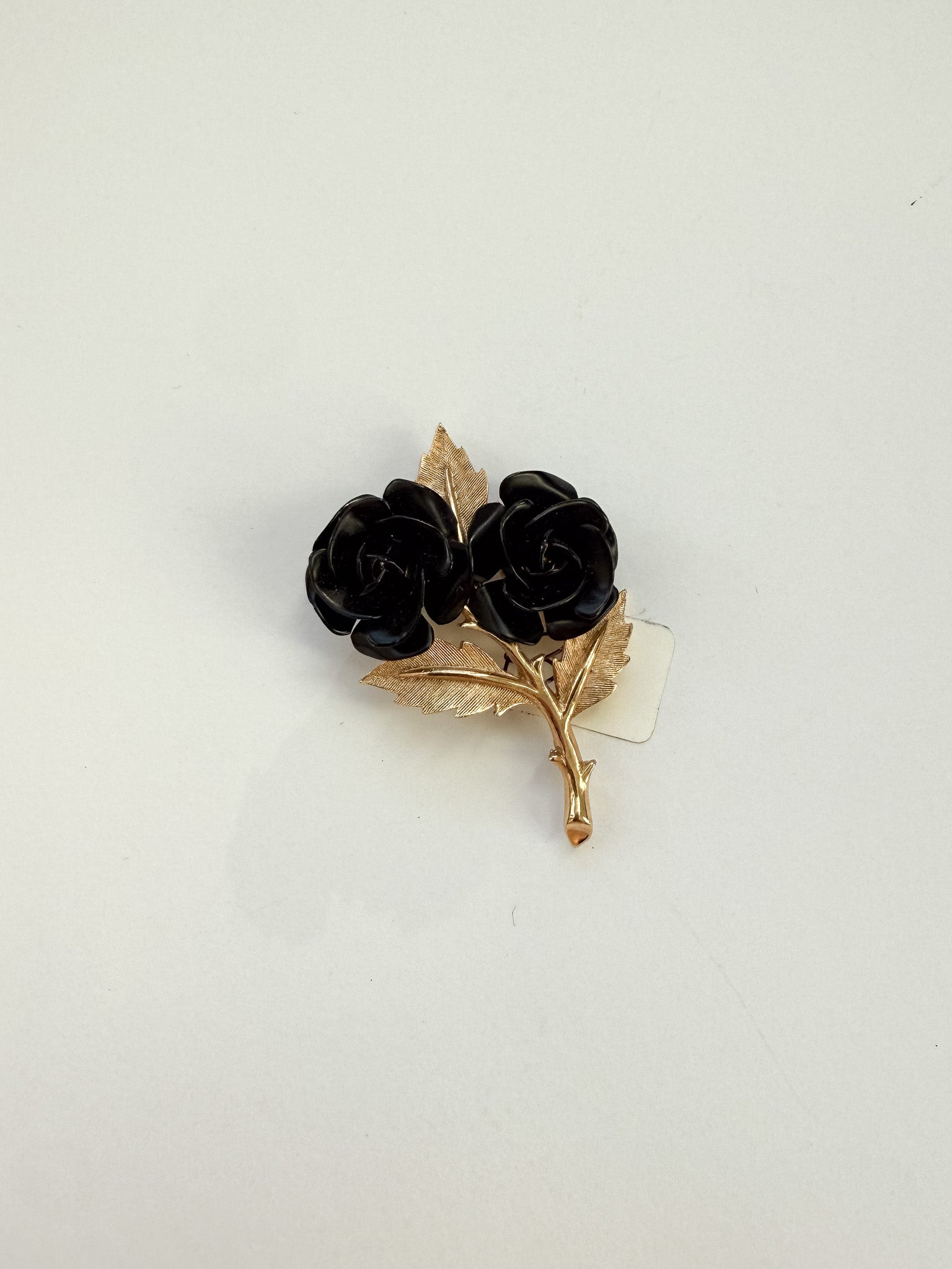 Vintage black rose with gold leaves brooch
