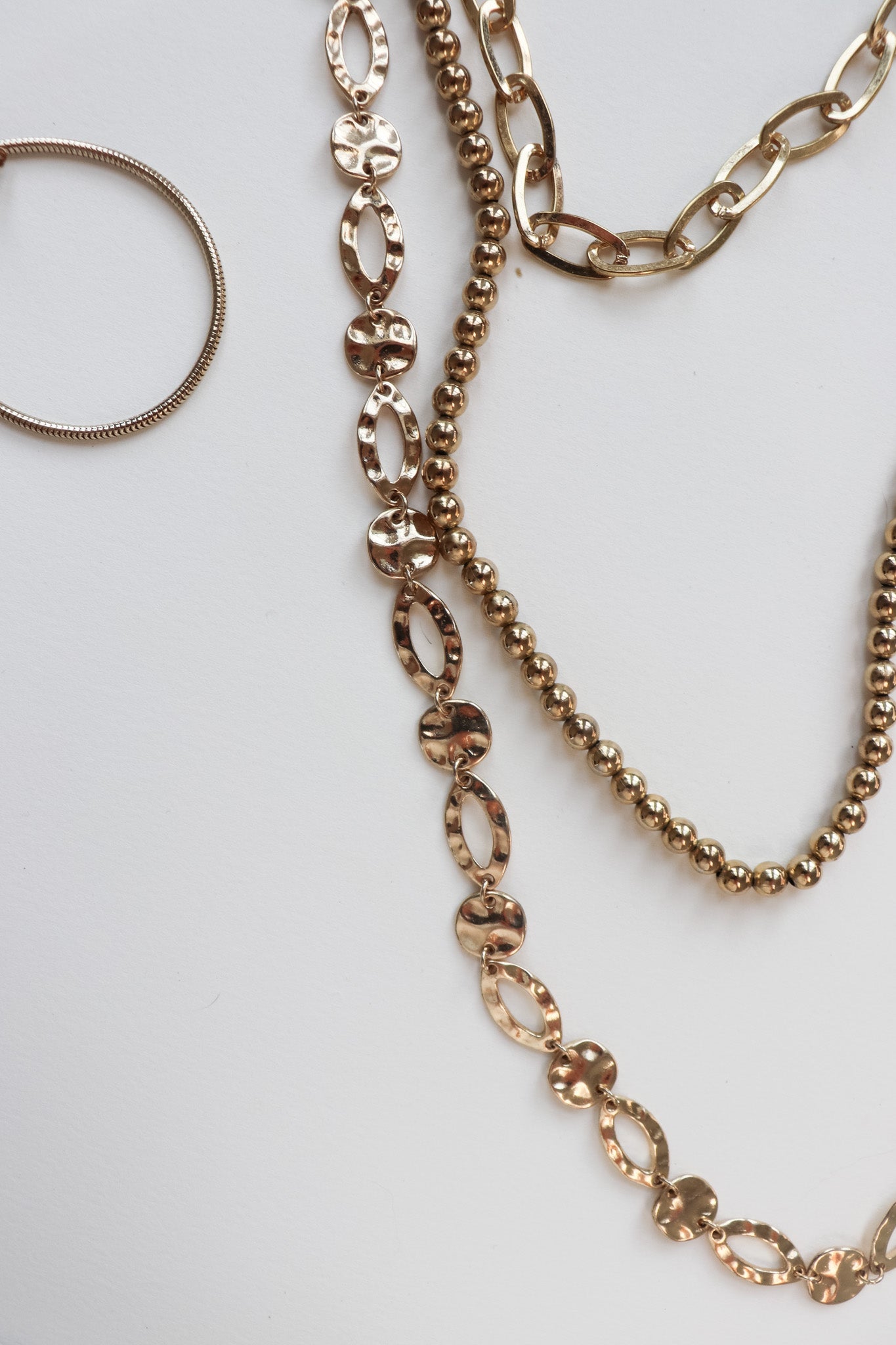 Vintage Gold Circle Necklace Stack | Gold ball chain, gold circle chain, and gold link chain