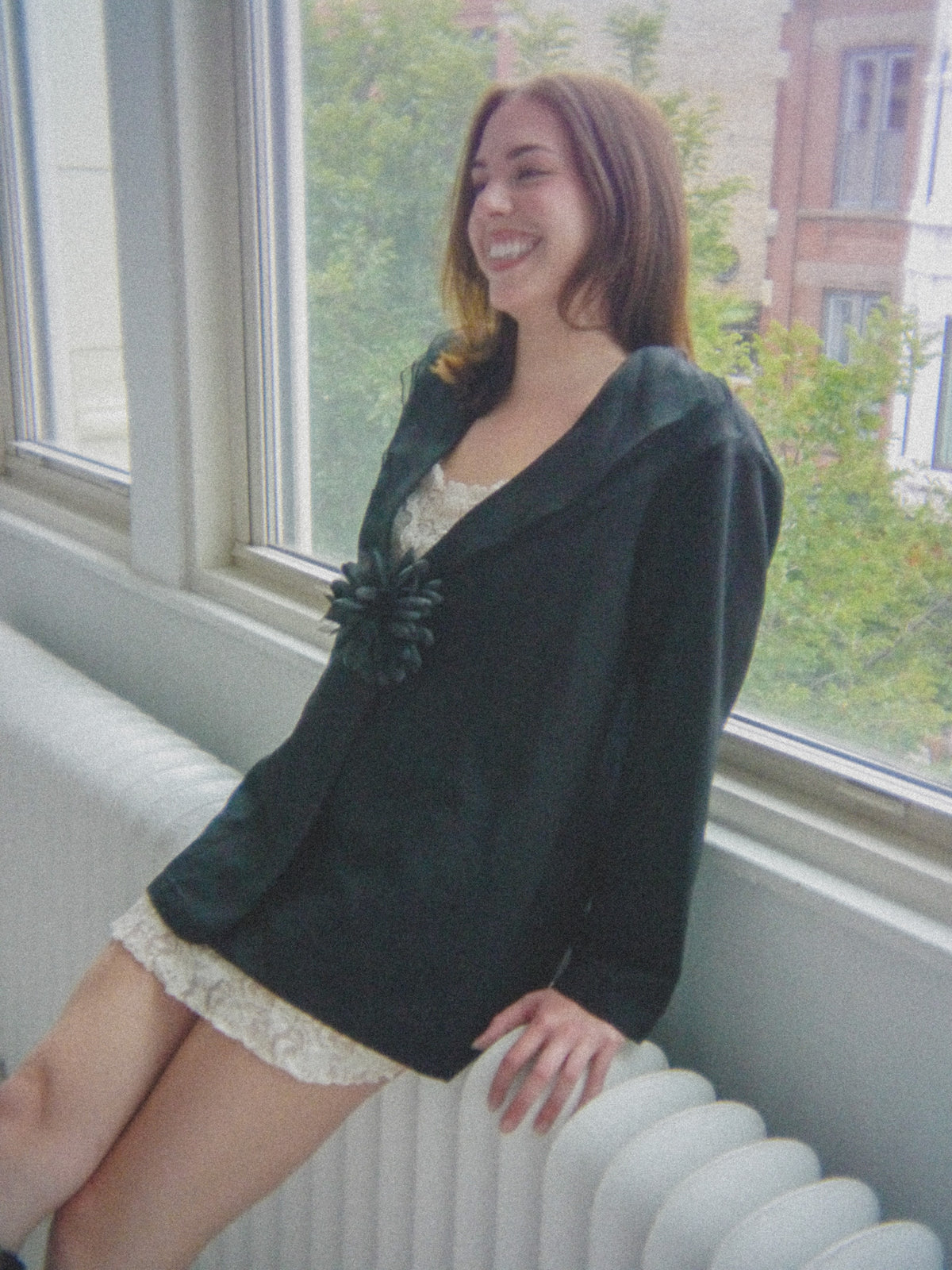 Lightweight Oversized Linen Blazer with Sheer Organza Ruffle Collar