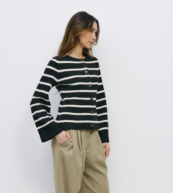 Meg Cardigan | Black and White Stripe Button Cardigan