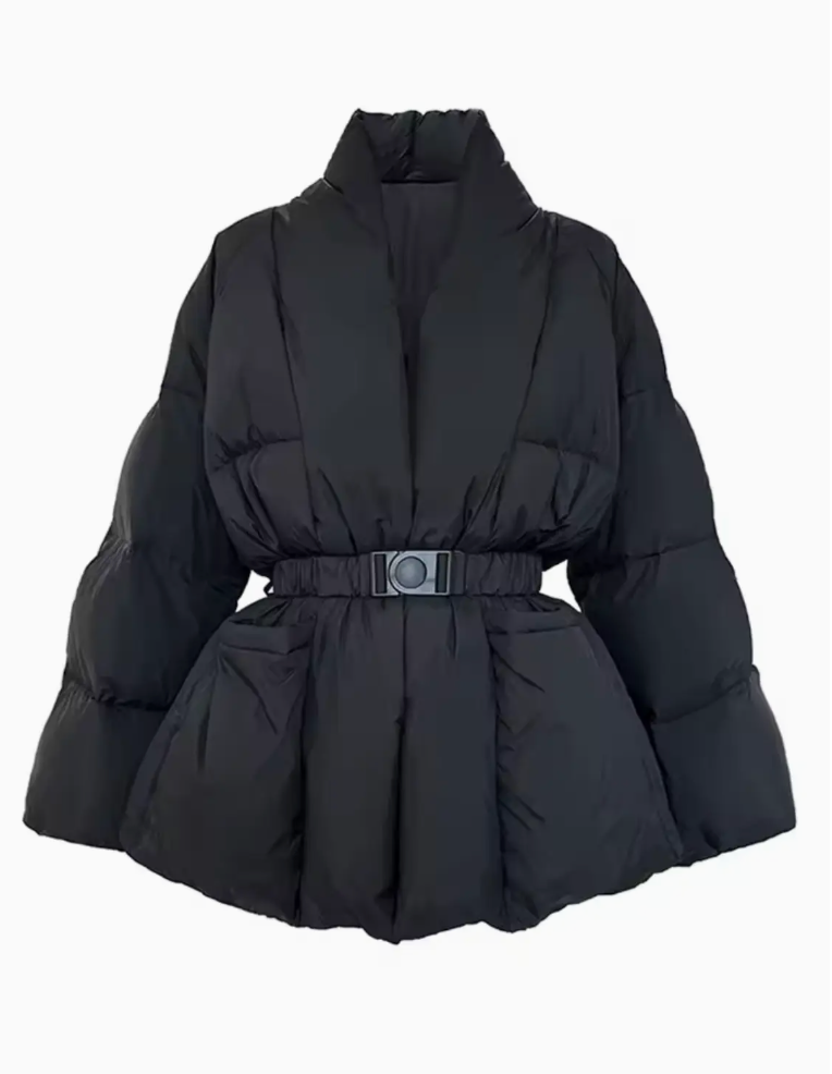 A black puffer jacket with a high stand-up collar, voluminous quilted sleeves, and a matching fabric belt with a silver buckle, shown against a plain white background.