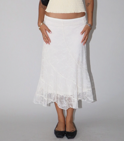 Cream Lace Midi Skirt with Slip