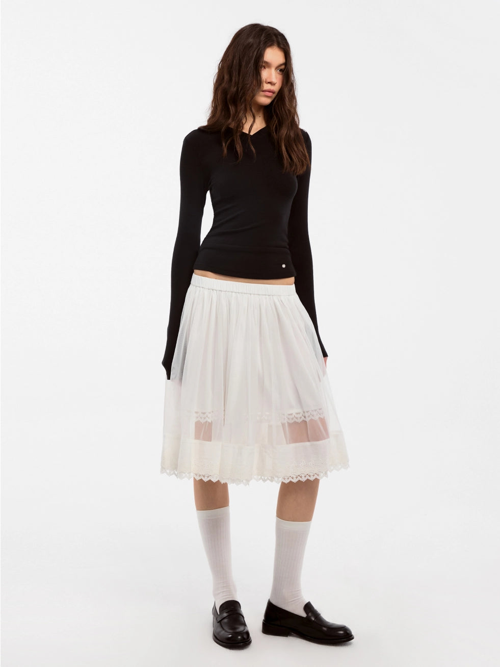 Lace-Up Mesh White Midi Skirt