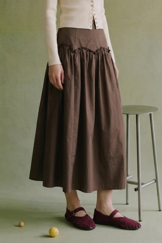 Espresso Brown Arch Seam Ruffle Detail Taffeta Midi Skirt