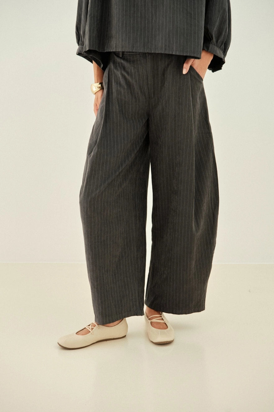Samuel Dark Grey Stripe Set  | Horseshoe Striped Dark Grey Trousers + Grey Stripe Button down shirt