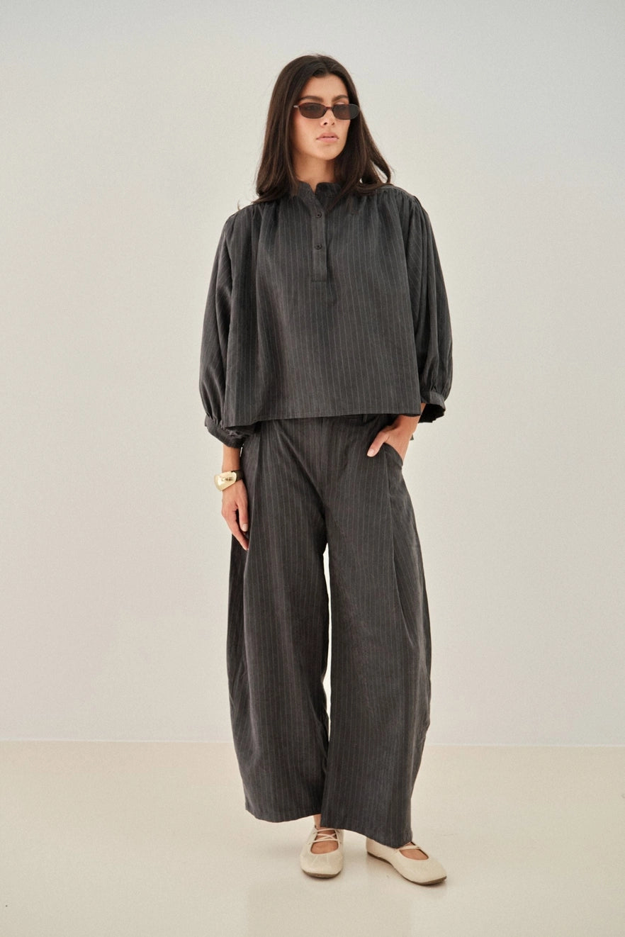 Samuel Dark Grey Stripe Set  | Horseshoe Striped Dark Grey Trousers + Grey Stripe Button down shirt