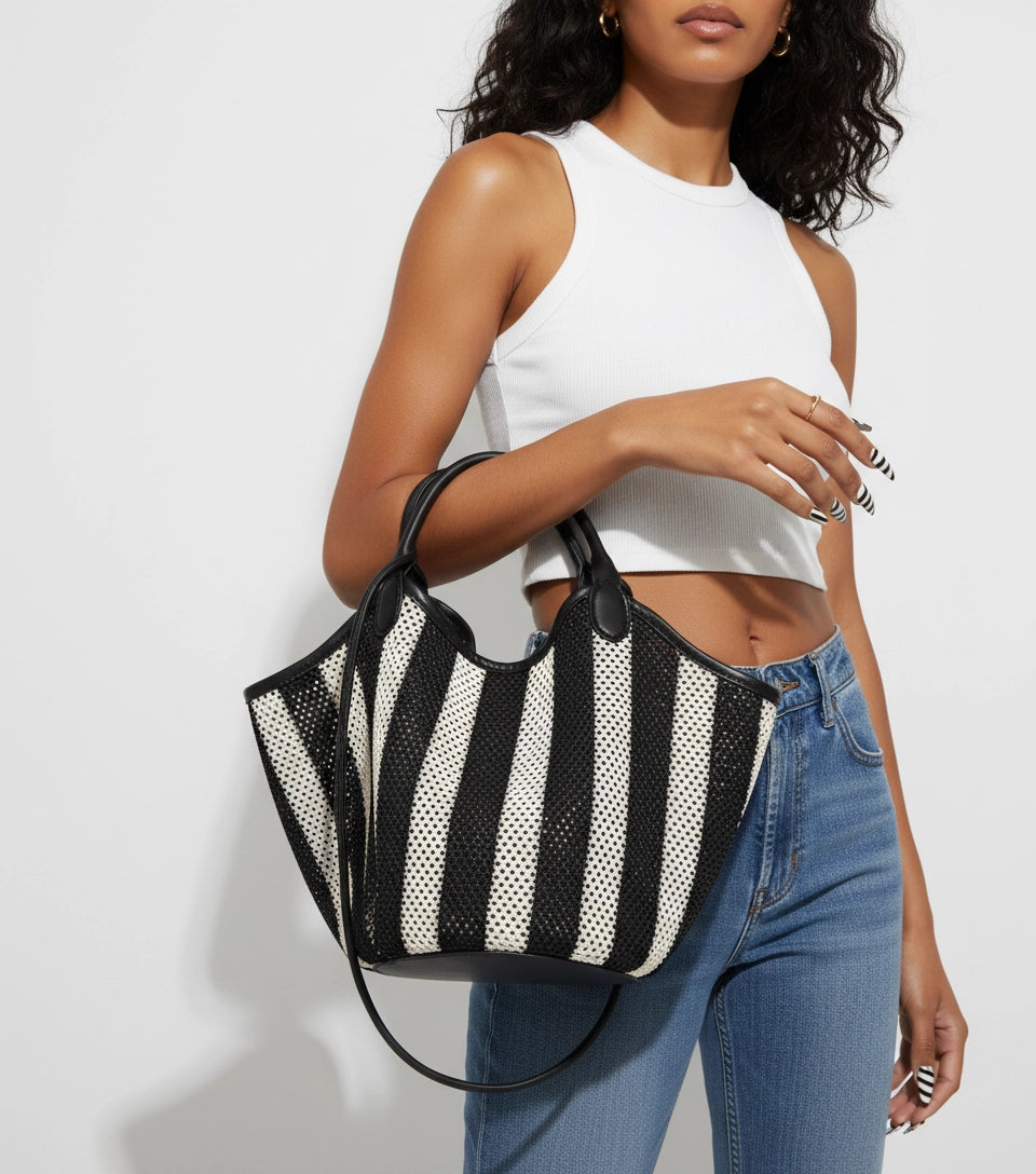 Woven Black and White Stripe Shoulder Bag