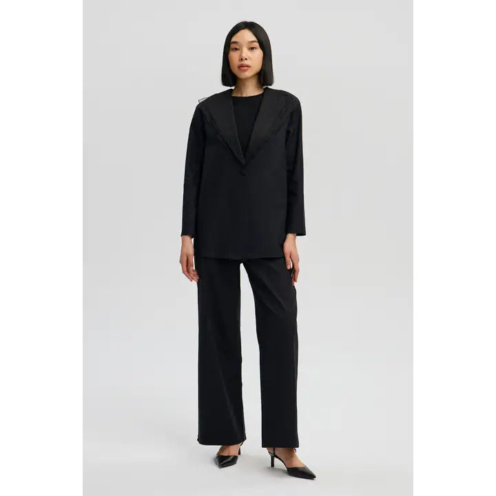 Lightweight Linen Blazer with Sheer Organza Ruffle Collar