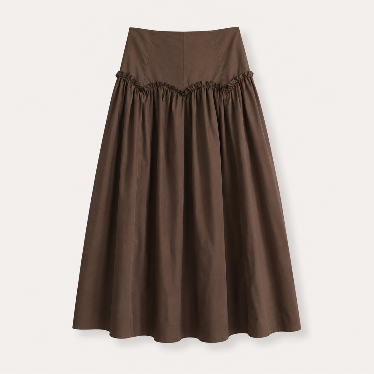 Espresso Brown Arch Seam Ruffle Detail Taffeta Midi Skirt