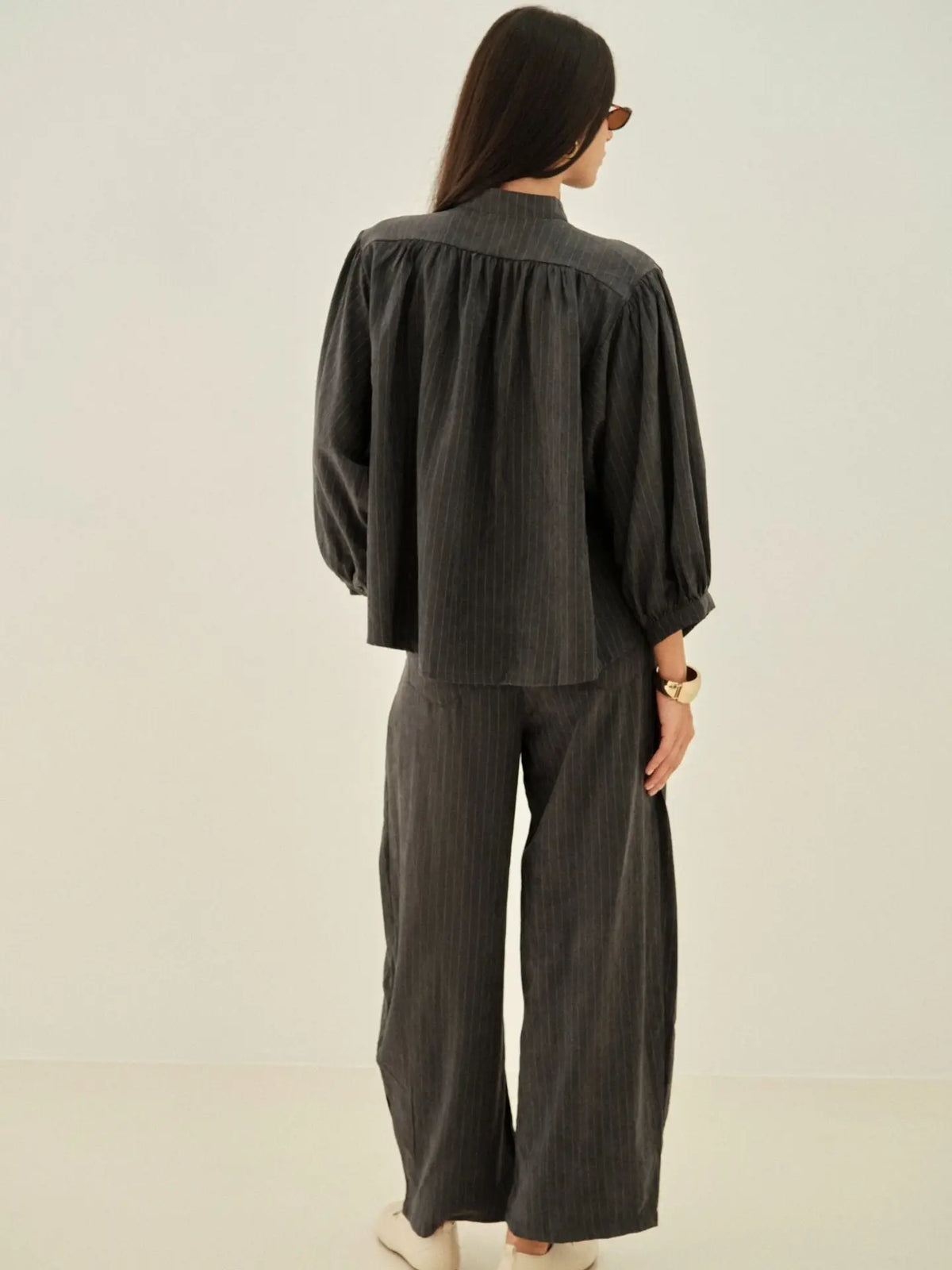 Samuel Dark Grey Stripe Set  | Horseshoe Striped Dark Grey Trousers + Grey Stripe Button down shirt