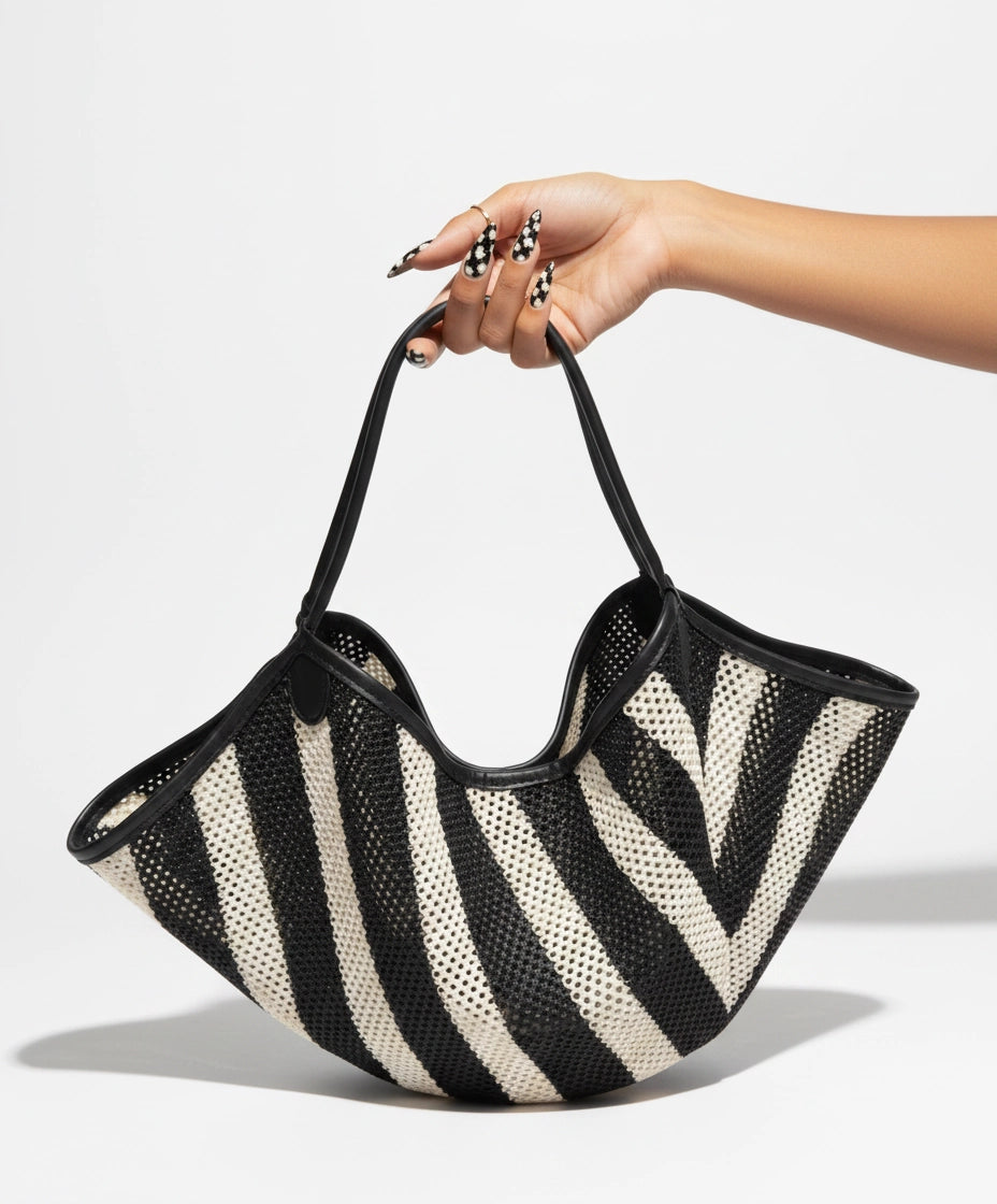 Woven Black and White Stripe Shoulder Bag