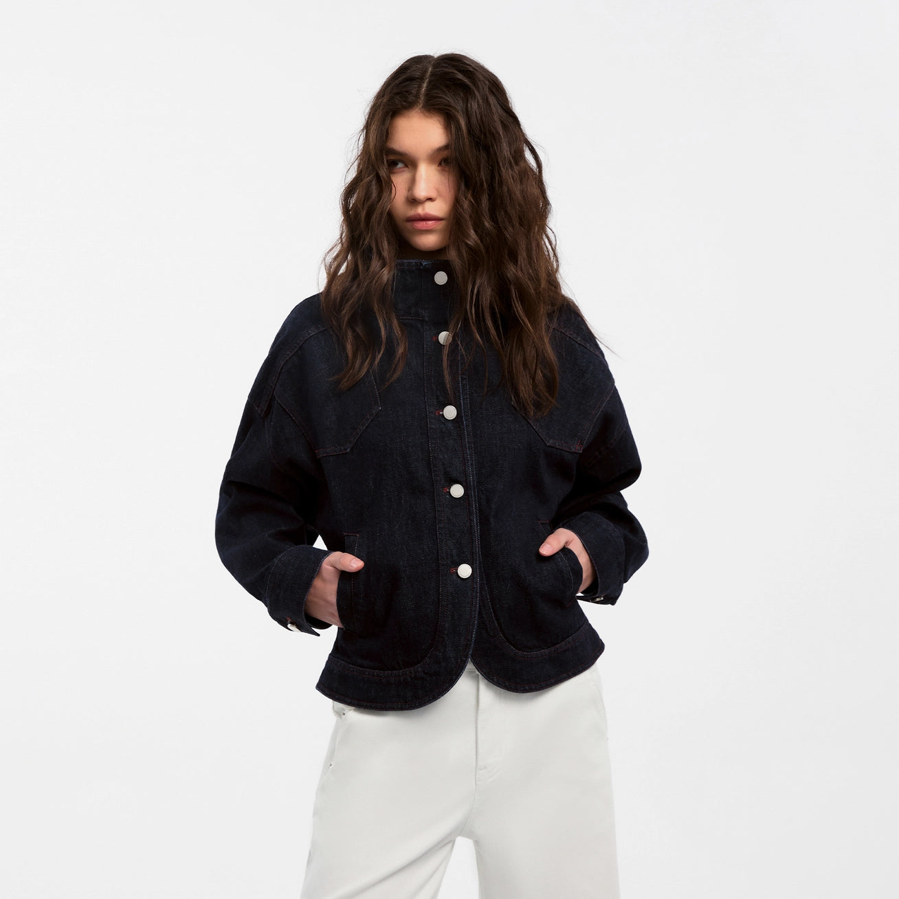 Classic Stand Collar Fitted Denim Jacket