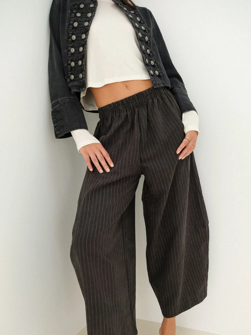 Samuel Trousers | Horseshoe Striped Black Trouser Elastic Waist Pants