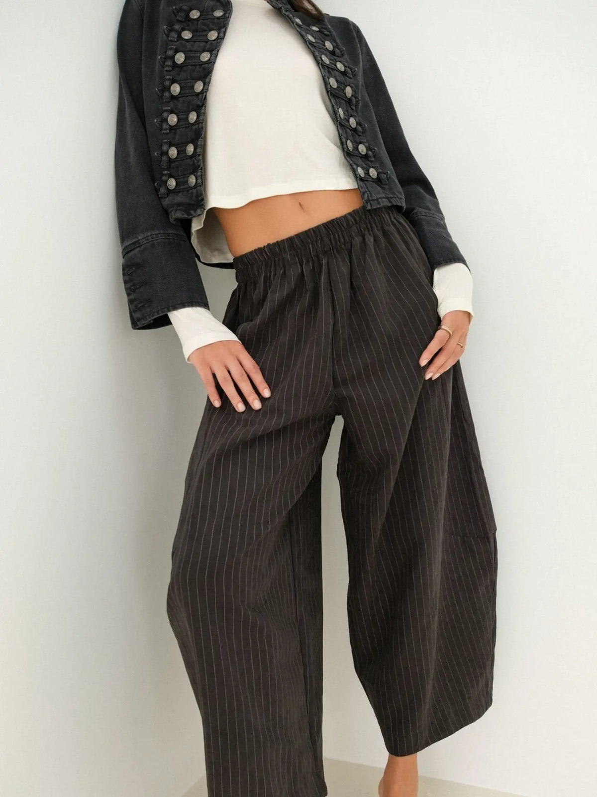 Samuel Trousers | Horseshoe Striped Black Trouser Elastic Waist Pants
