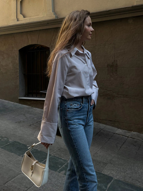 Brown and White Stripe Button Up Shirt