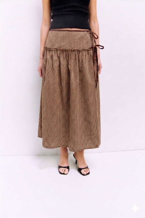Adeline Skirt | Brown and White Gingham Drop Waist Midi Skirt